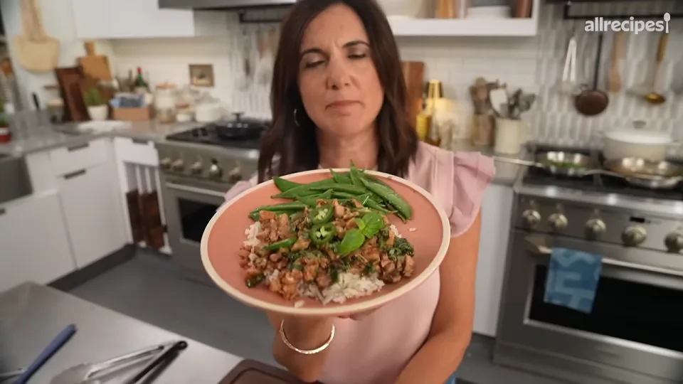 Plate over rice and garnish