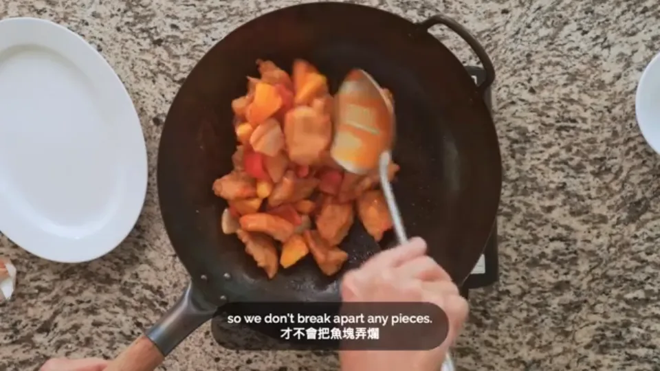 Toss vegetables, pineapple, and crispy fish to coat and serve